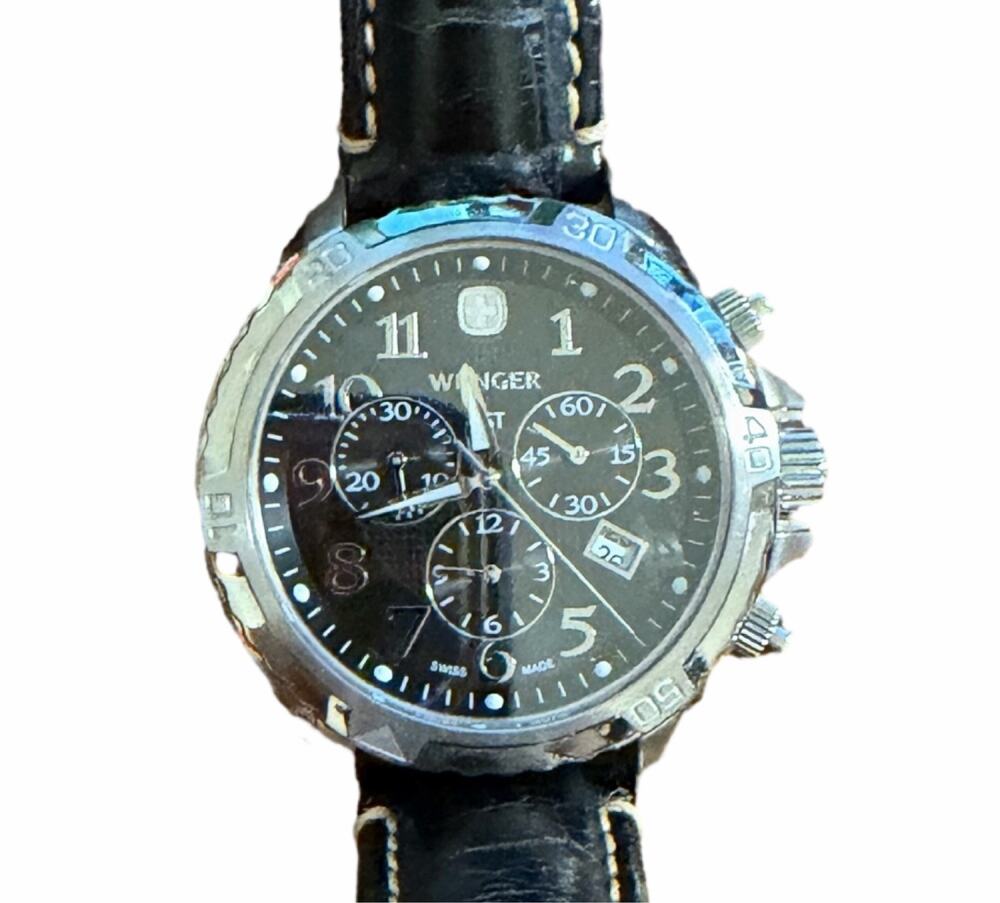 Wenger Swiss Military Men's Chronograph Watch Black Dial Leather Strap
